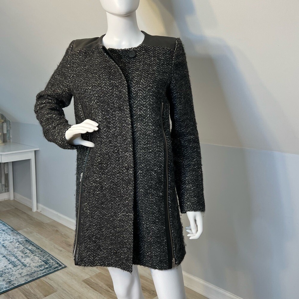 Maje Dumbo Coat Women's Small Charcoal Grey Leather Trim Wool Tweed Wool Mohair